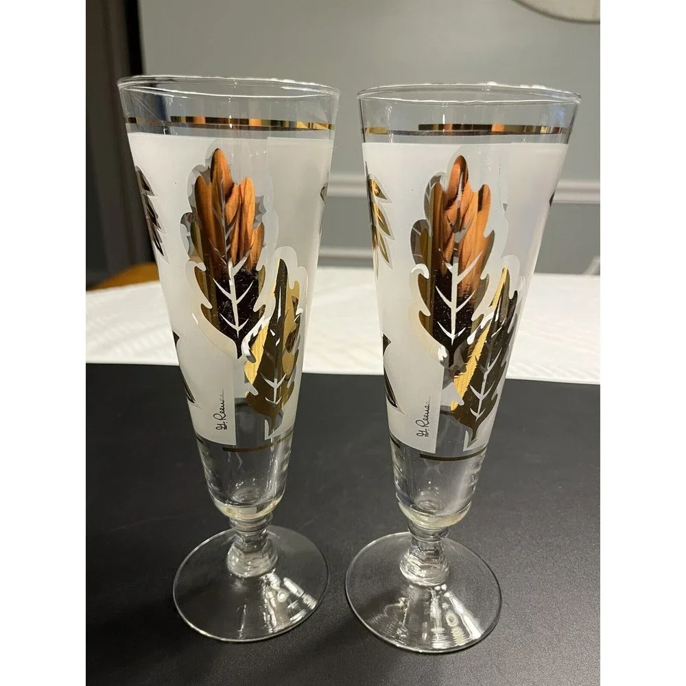 Pair of Vtg Frosted Gold Leaves Pilsner Stem Glasses Signed G Reeves